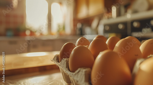 Fresh eggs close-up on rustic surface with blurred kitchen background. Natural lighting macro photography of breakfast ingredients.