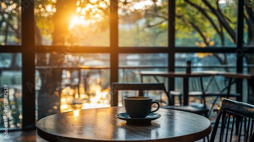 Sunrise view through cafe window, coffee cup on table.