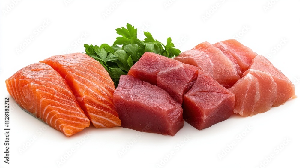 Assortment of Fresh Meat and Fish on a White Background Assortment of Fresh Meat and Fish on a White Background