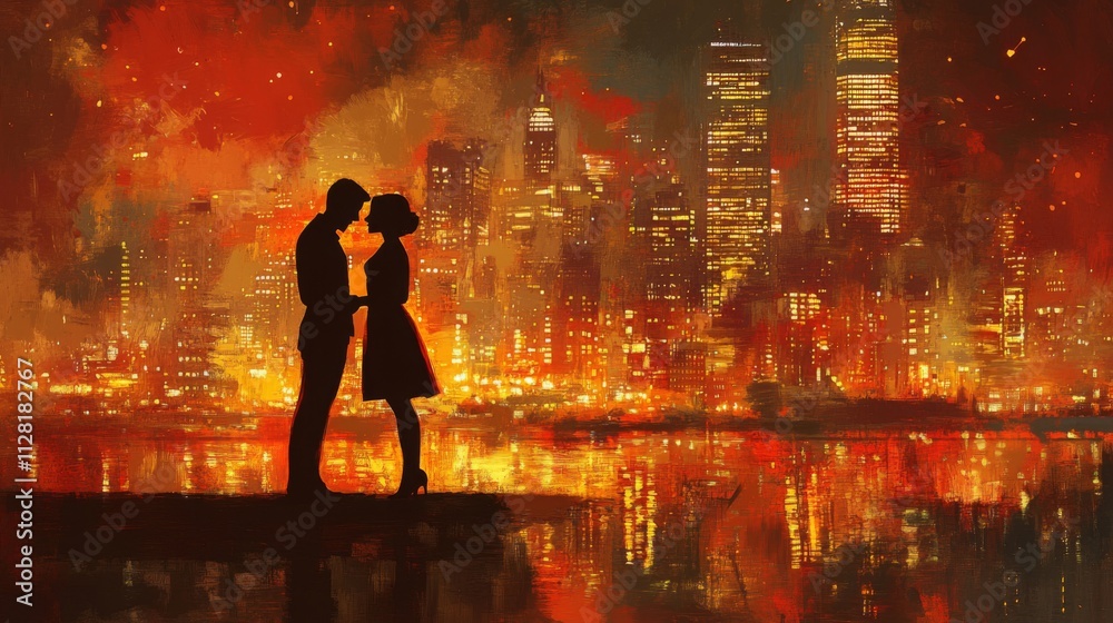 Romantic Couple Silhouetted Against City Lights Romantic Couple Silhouetted Against City Lights