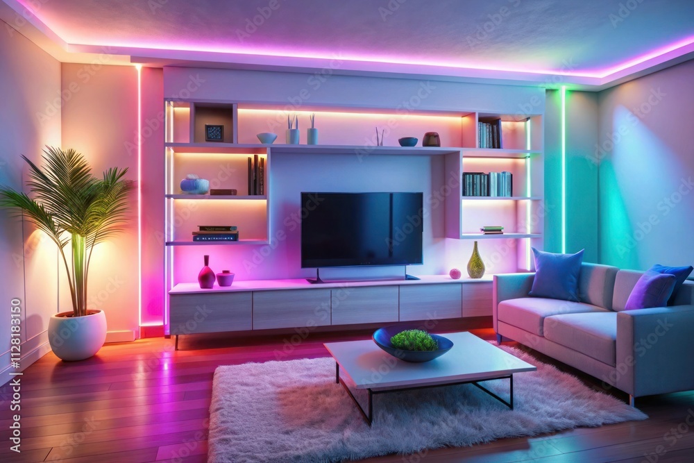 Modern living room illuminated by neon lights at night Modern living room illuminated by neon lights at night