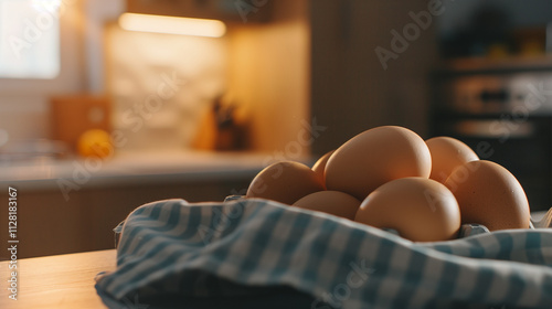 Fresh eggs close-up on rustic surface with blurred kitchen background. Natural lighting macro photography of breakfast ingredients.