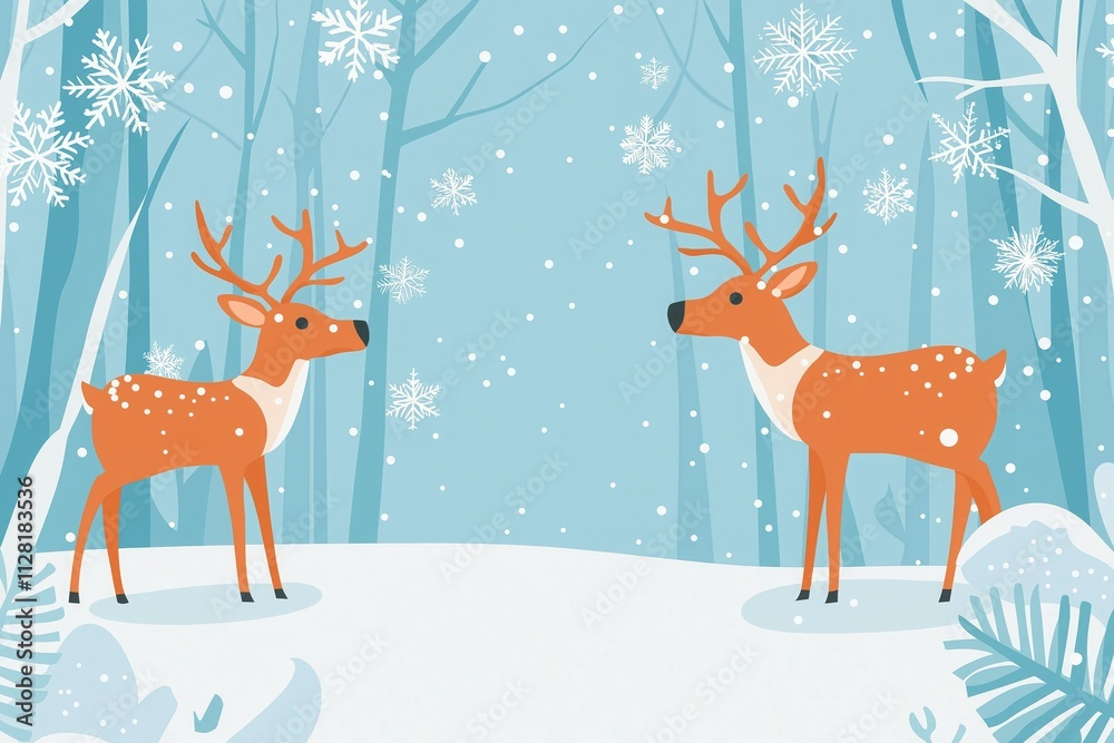 Two deer in snowy forest with snowflakes falling in winter scene Two deer in snowy forest with snowflakes falling in winter scene