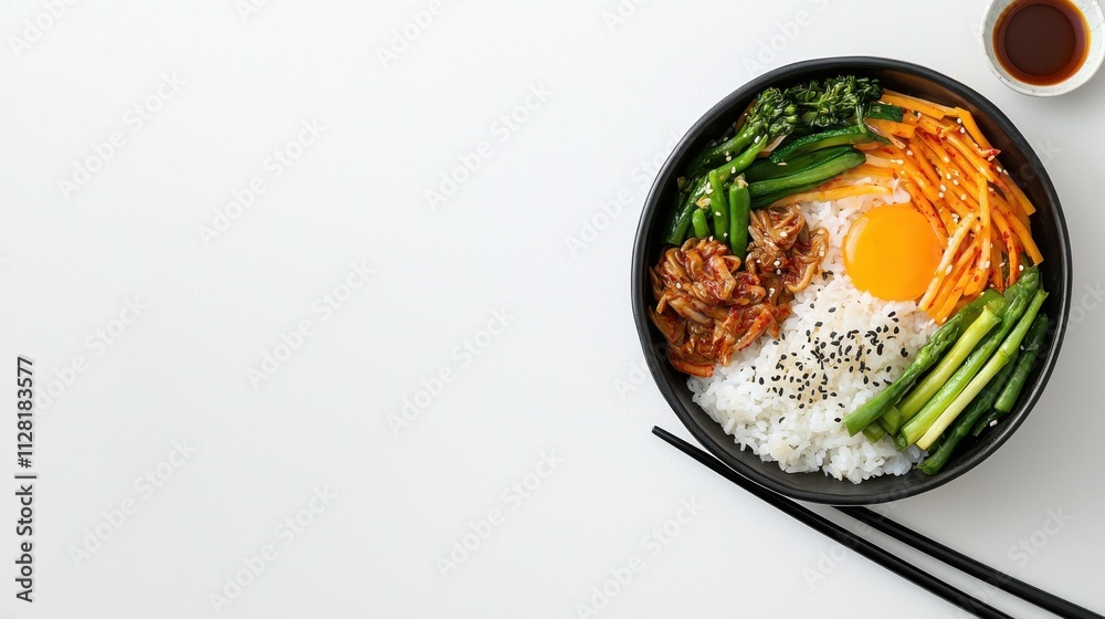 Delicious Korean Bowl with Rice Meat and Fresh Vegetables Delicious Korean Bowl with Rice Meat and Fresh Vegetables