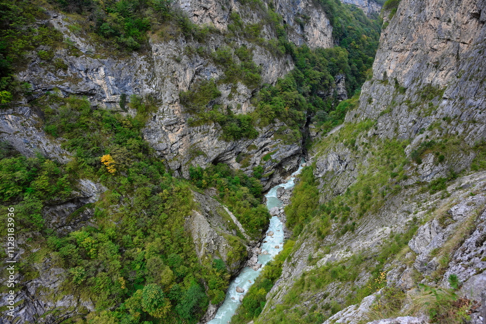 Aerial view of the Cherek River mountain gorge Aerial view of the Cherek River mountain gorge