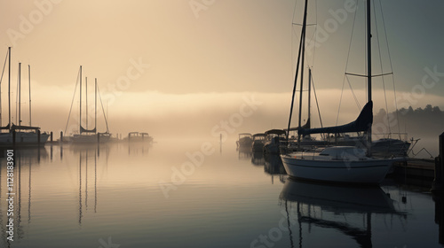 A deserted marina with boats gently swaying on a tranquil morning.