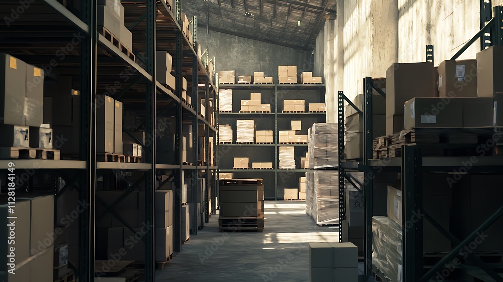 A warehouse with a pallet of boxes on the floor A warehouse with a pallet of boxes on the floor