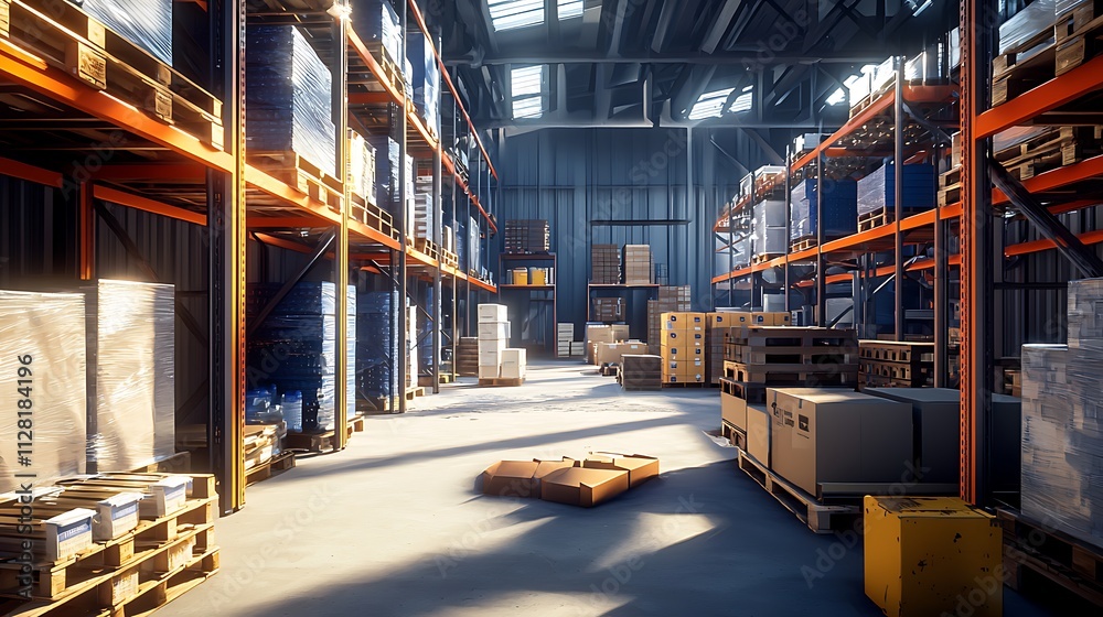 A warehouse with a lot of boxes and pallets A warehouse with a lot of boxes and pallets