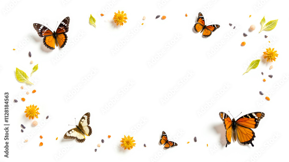 Fototapeta premium Butterfly and flower frame isolated on white background, graphic design, invitations, and decorative purposes. Features vibrant butterflies and colorful flowers creating beautiful border