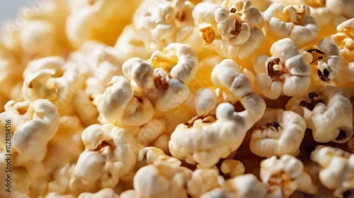 realistic motion video of popcorn pile in a bowl and on a white table