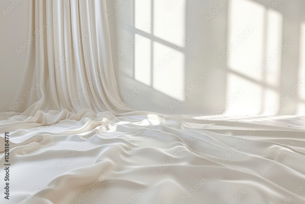 Soft white fabric drapes elegantly on the floor in a sunlit room with gentle shadows from nearby windows Soft white fabric drapes elegantly on the floor in a sunlit room with gentle shadows from nearby windows