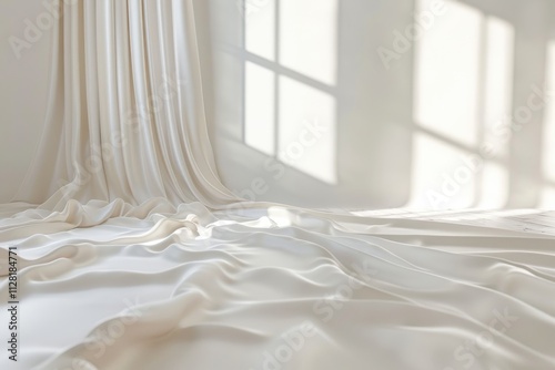 Soft white fabric drapes elegantly on the floor in a sunlit room with gentle shadows from nearby windows