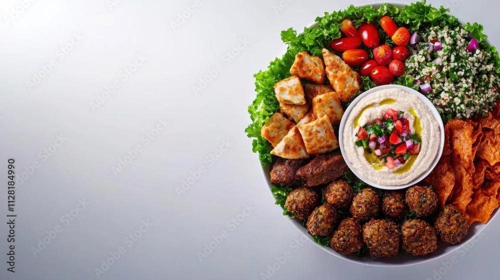 Fototapeta premium Colorful Mediterranean Appetizer Platter with Falafel Hummus and Fresh Vegetables