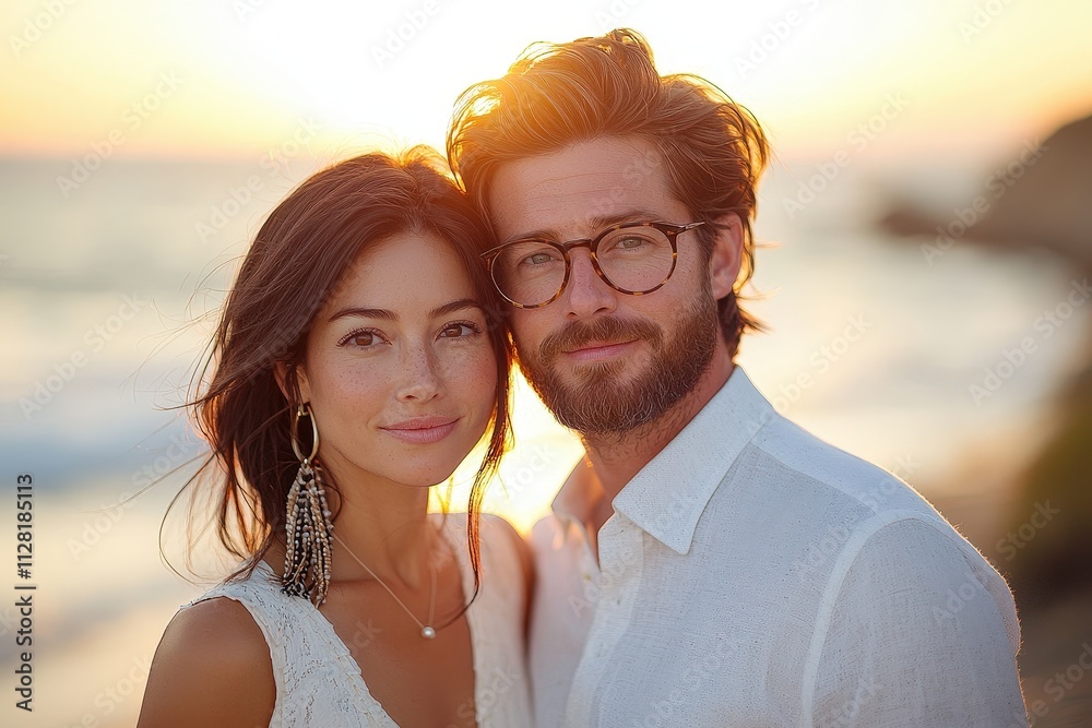 Couple embracing at sunset by the ocean: romantic beach moment captured in warm natural light Couple embracing at sunset by the ocean: romantic beach moment captured in warm natural light