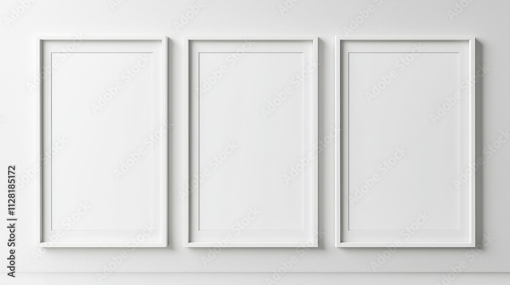 Minimalist Interior with Three Blank Picture Frames on a White Wall in a Modern Art Gallery or Home Setting Minimalist Interior with Three Blank Picture Frames on a White Wall in a Modern Art Gallery or Home Setting