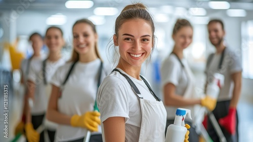 Diverse Cleaning Crew Smiling and Holding Cleaning Supplies in a Modern Office Environment