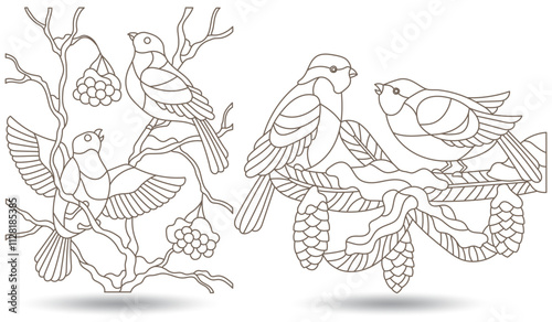 Set contour illustrations of stained glass with birds on the branches of snow-covered trees , dark outlines on a white background