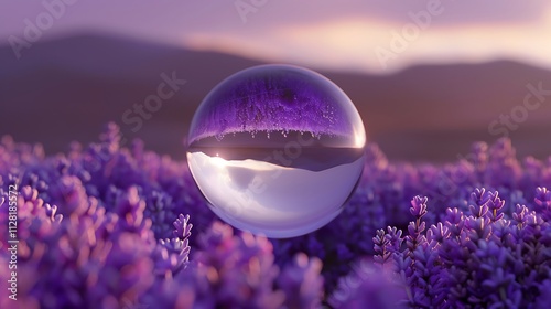 An elegant floating ellipsoid reflecting light in a tranquil lavender environment