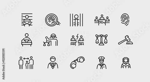 Law and justice icons. 15 of law and justice trendy minimal icons. Judge, Scales, Gavel, Prisoner, Handcuffs icon. Design signs for web page, mobile app, packaging design. Vector illustration
