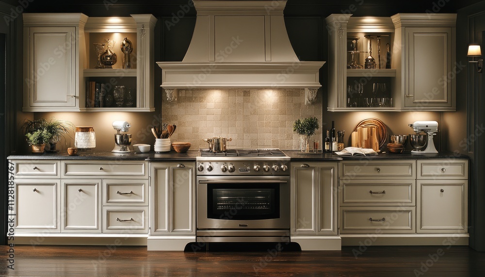 Fototapeta premium Elegant cream kitchen with stainless steel appliances and dark countertops. This image showcases high-end kitchen design for home decor or real estate listings.