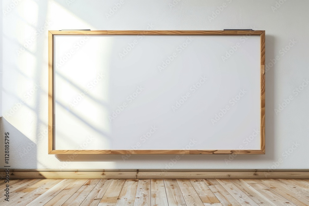 Empty wooden-framed whiteboard on a sunlit wall with wooden floor and shadows, perfect for brainstorming or presentations