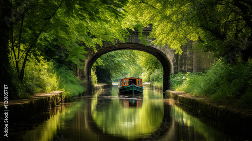 A narrow boat cruising peacefully along a quiet canal, old bridge stock photo