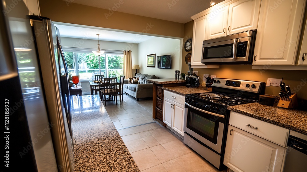 Bright, modern kitchen with open view to a living area. Granite countertops, stainless steel appliances, and white cabinets are featured. Natural light and a backyard view. Bright, modern kitchen with open view to a living area. Granite countertops, stainless steel appliances, and white cabinets are featured. Natural light and a backyard view.