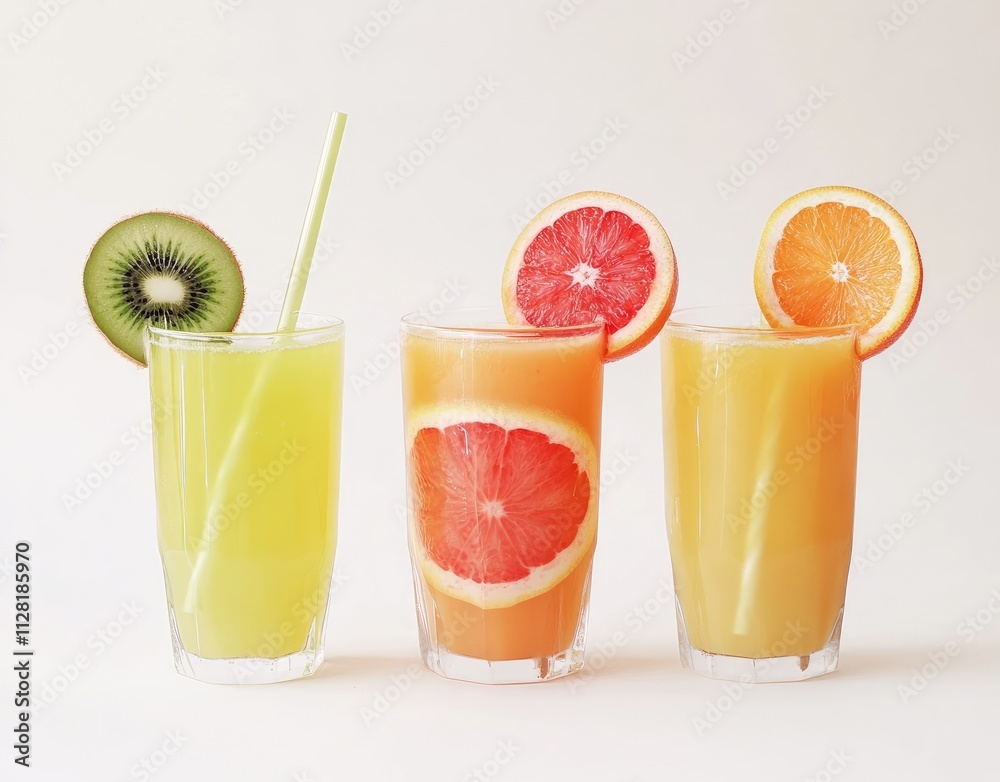 Three glasses of fresh fruit juice; kiwi, grapefruit, and orange juice with fruit slices as garnish. Three glasses of fresh fruit juice; kiwi, grapefruit, and orange juice with fruit slices as garnish.