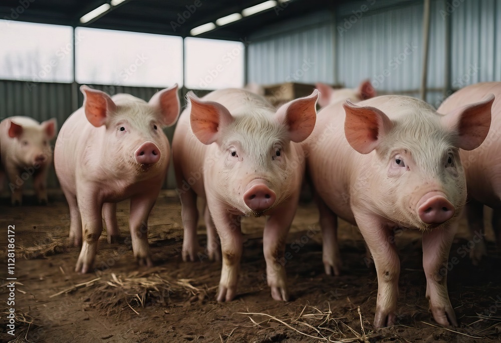 A herd of pigs is standing closely next to each other in the dirt A herd of pigs is standing closely next to each other in the dirt