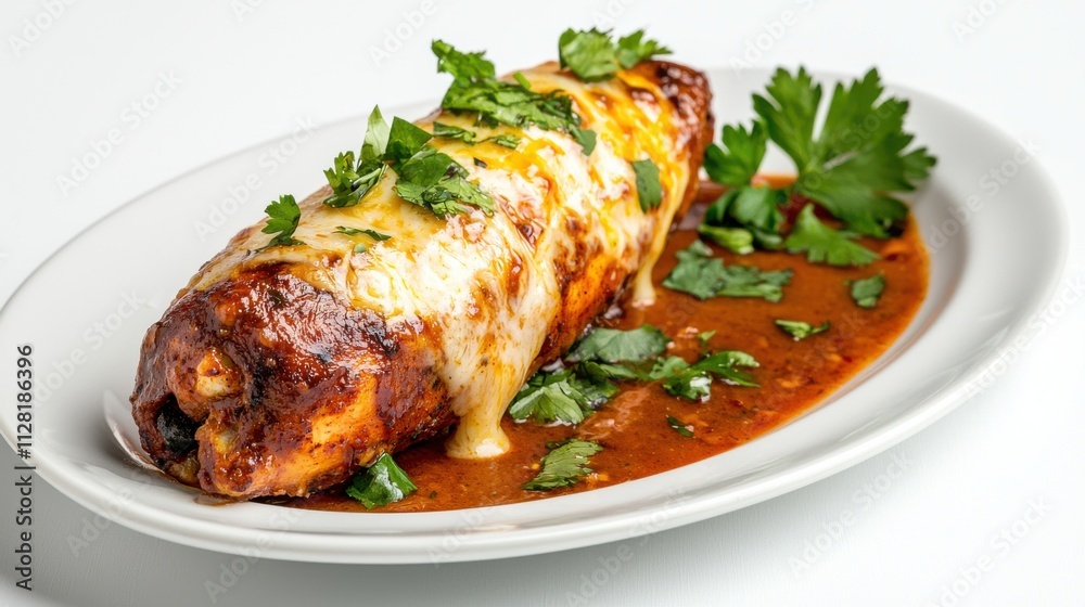 Delicious Sizzling Mexican Burrito Platter with Spicy Sauce and Fresh Garnishes on White Plate