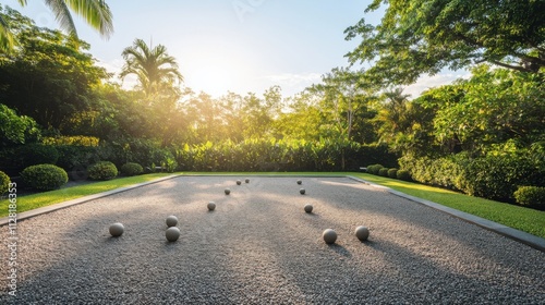 A serene outdoor bocce ball court with well-maintained gravel and neatly placed balls, surrounded by lush greenery and a clear sky, early morning light enhancing the peaceful setting photo