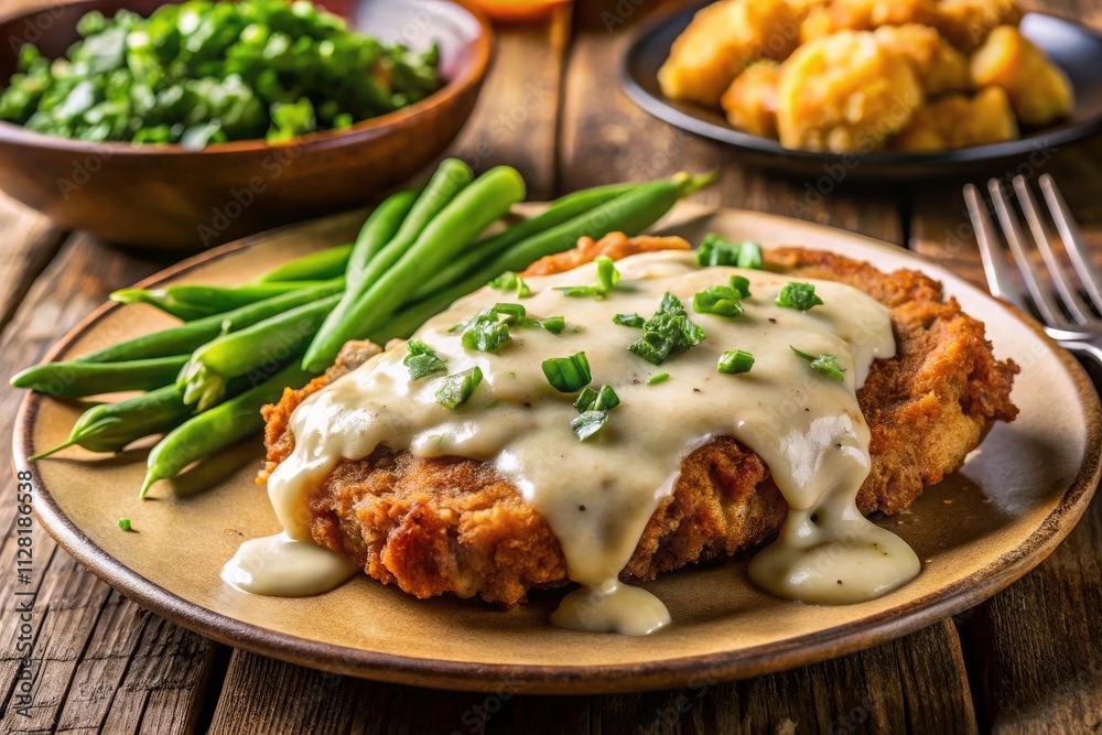 Delicious Chicken-Fried Steak Dinner with Gravy, Mashed Potatoes, and Green Beans - Comfort Food Delight for Food Lovers