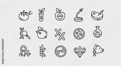 GMO Icons. Set of 15 trendy minimal icons. Example: Tomato , DNA Pig, Corn, Meat, Lab icon. Design signs for web page, mobile app, packaging design. Vector illustration.