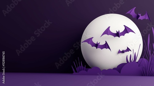 Dark Halloween moonlit scene with bats flying and empty space for banners or greetings photo