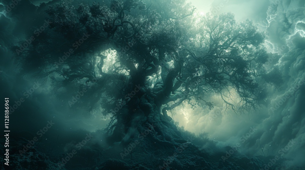 A large tree is surrounded by a dark forest
