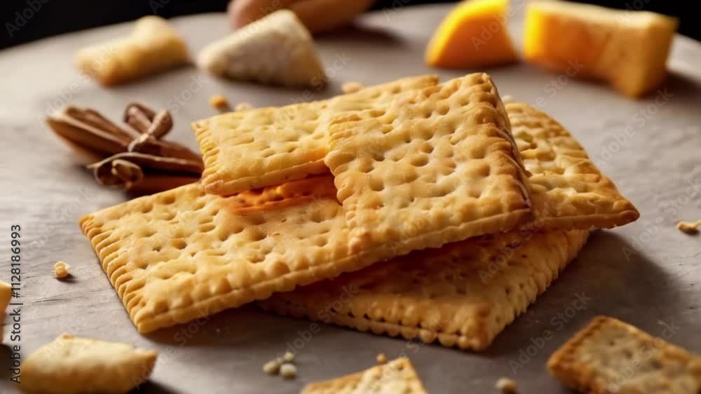 realistic motion video of yellow cheese biscuits on a brown wooden table