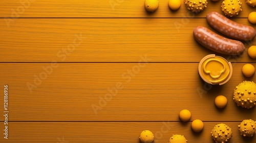 Rustic wooden background with sausages, mustard, and creative yellow food arrangement photo