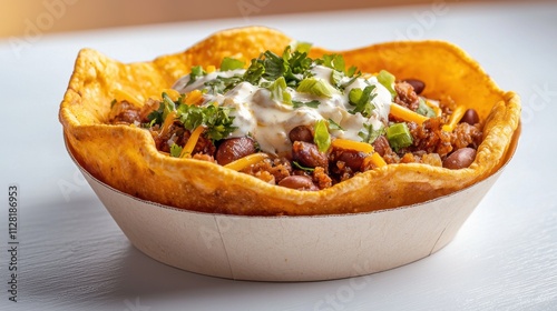 Tasty Taco Bowl with Crispy Tortilla Spicy Filling and Fresh Toppings
