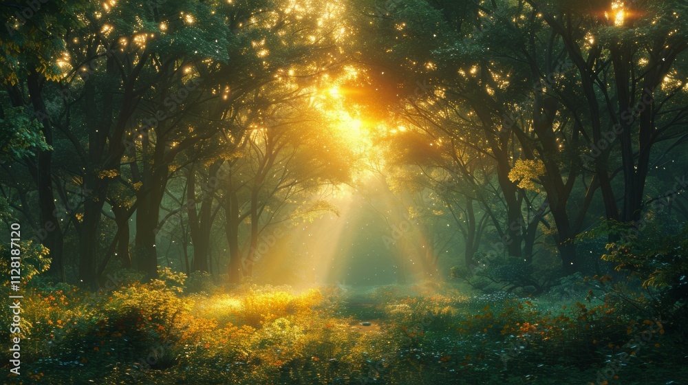 A forest with a bright sun shining through the trees