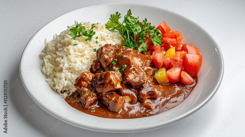 Appetizing Homemade Stew Dish with Rice and Colorful Vegetable Garnish on a White Plate Appetizing Homemade Stew Dish with Rice and Colorful Vegetable Garnish on a White Plate