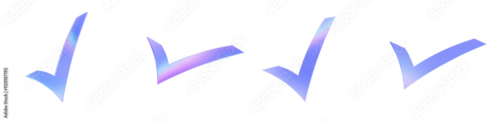 Set of 4 3d glass check mark shape with aberration effect isolated on a transparent background. Blue tone. 3d transparent elements for graphic design. Set of 4 3d glass check mark shape with aberration effect isolated on a transparent background. Blue tone. 3d transparent elements for graphic design.