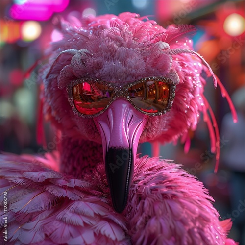 Vibrant Neon Pink Flamingo Wearing Stylish Reflective Sunglasses at Night in Lively Urban Setting with Colorful Bokeh Lights  flamingo