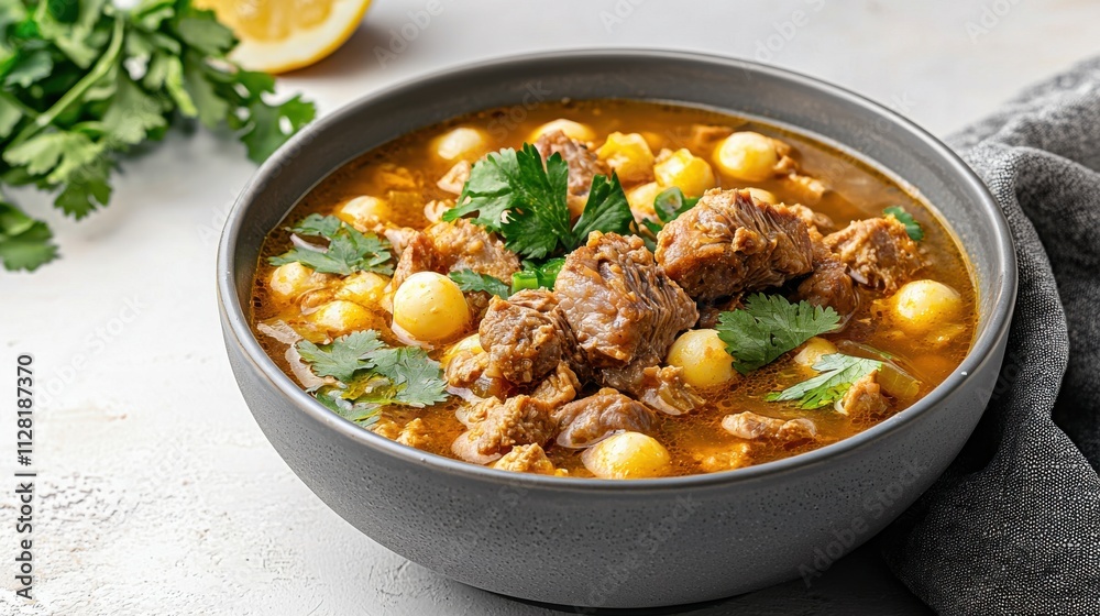 Hearty Beef and Vegetable Soup in a Bowl with Fresh Herbs and Lime Garnish Hearty Beef and Vegetable Soup in a Bowl with Fresh Herbs and Lime Garnish