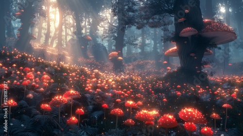 A forest with a field of red mushrooms