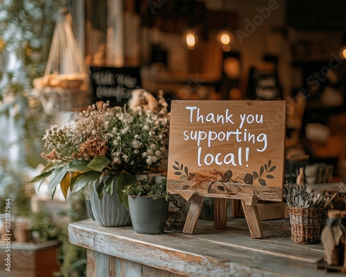 A wooden sign thanking customers for supporting local businesses, surrounded by plants.