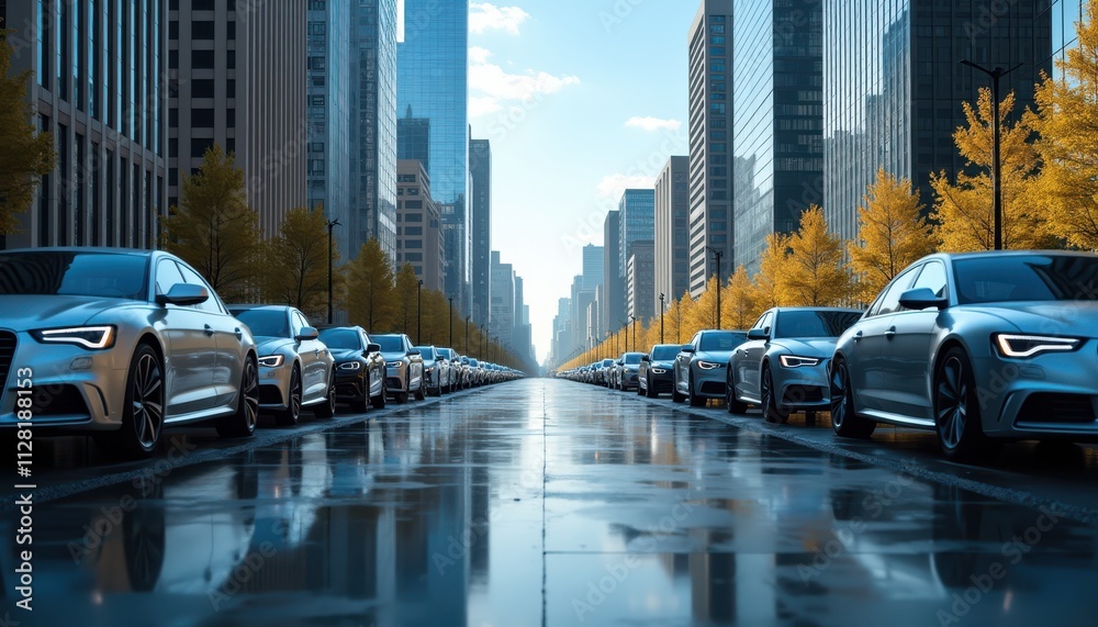 Obraz premium A high-angle shot capturing an empty urban street lined with neatly parked cars on both sides.