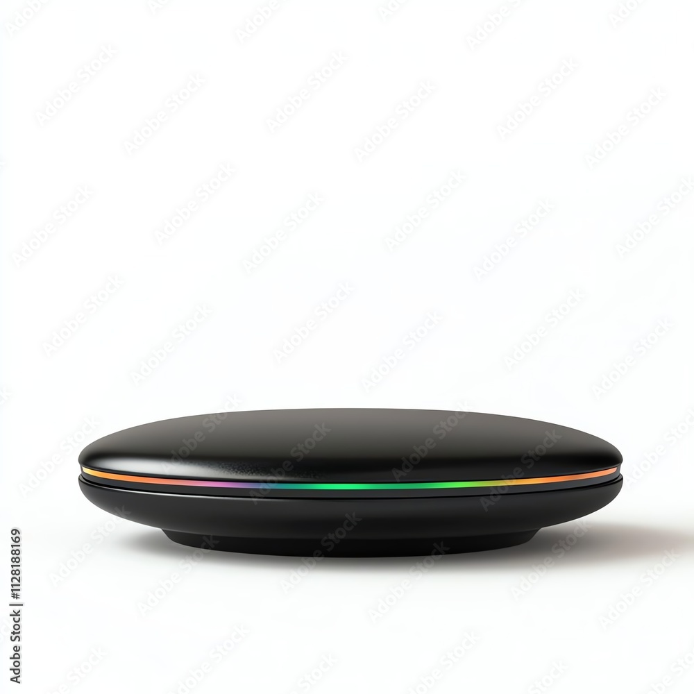 A sleek, black, oval-shaped device with a colorful edge, likely a modern gadget or accessory, displayed against a plain background. A sleek, black, oval-shaped device with a colorful edge, likely a modern gadget or accessory, displayed against a plain background.