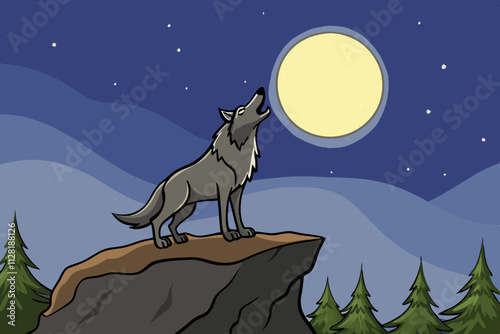 Wolf howling on a cliff under a full moon isolated vector illustration