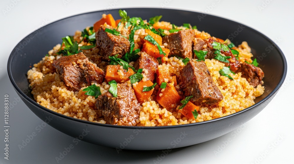 Savory Beef and Vegetable Dish Served Over Fragrant Rice in a Black Bowl Savory Beef and Vegetable Dish Served Over Fragrant Rice in a Black Bowl