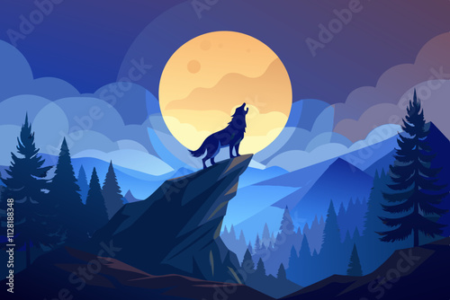 Wolf howling on a cliff under a full moon isolated vector illustration